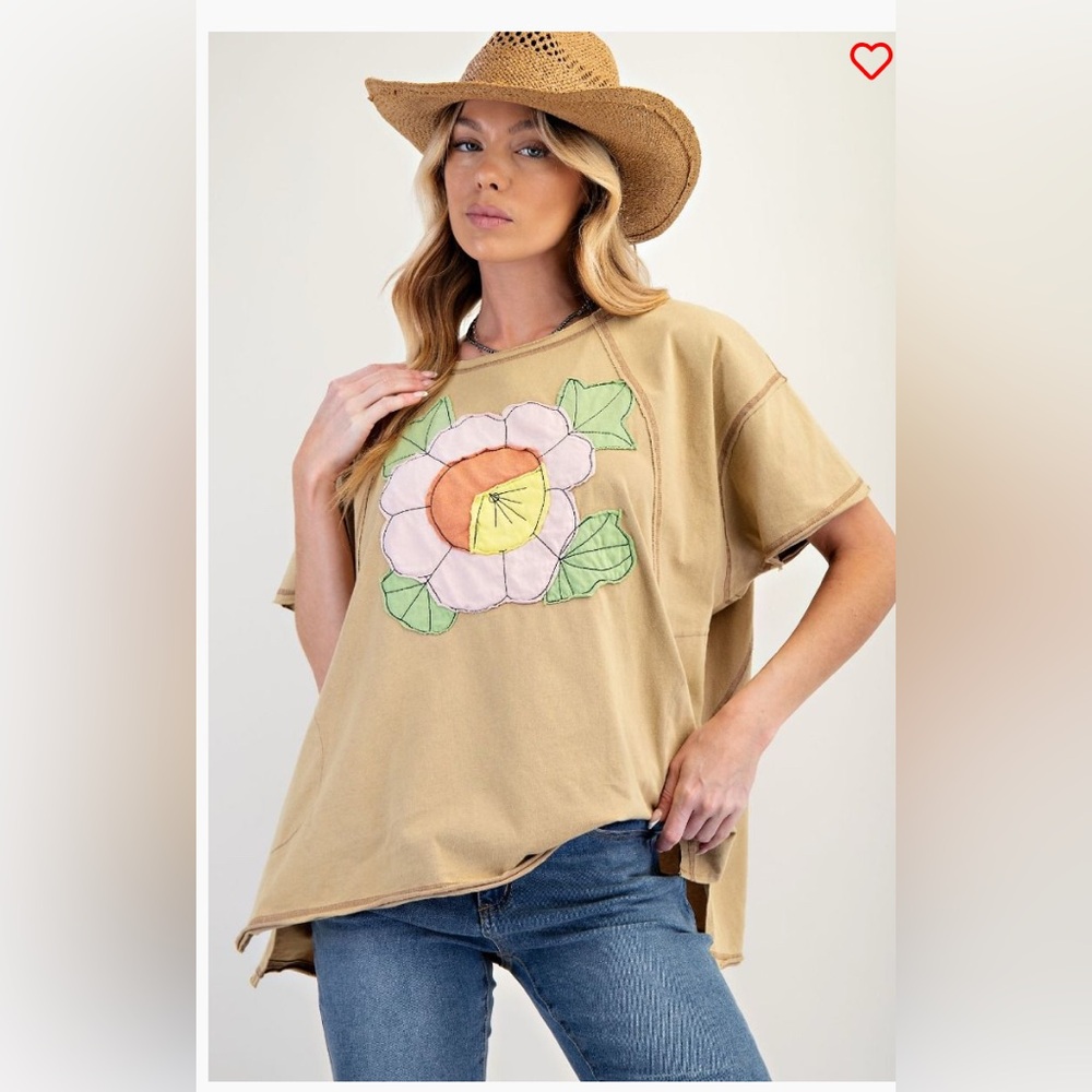 Easel Plus size Floral Patch Tan Top with colorful Appluque - Picture 2 of 5
